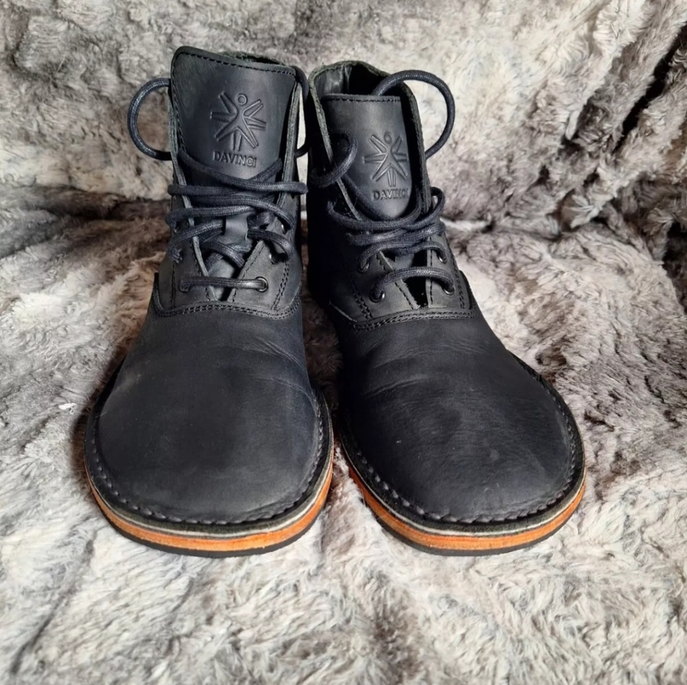 Davinci Black Leather Barefoot Combat Boots Zero Drop